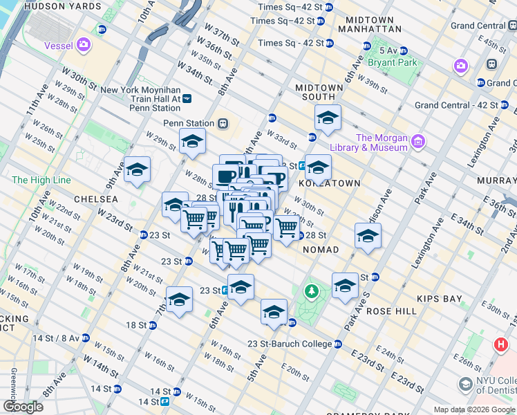 map of restaurants, bars, coffee shops, grocery stores, and more near 121 West 27th Street in New York