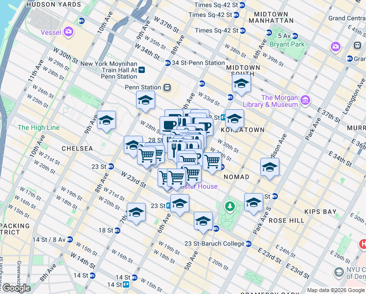map of restaurants, bars, coffee shops, grocery stores, and more near 121 West 27th Street in New York