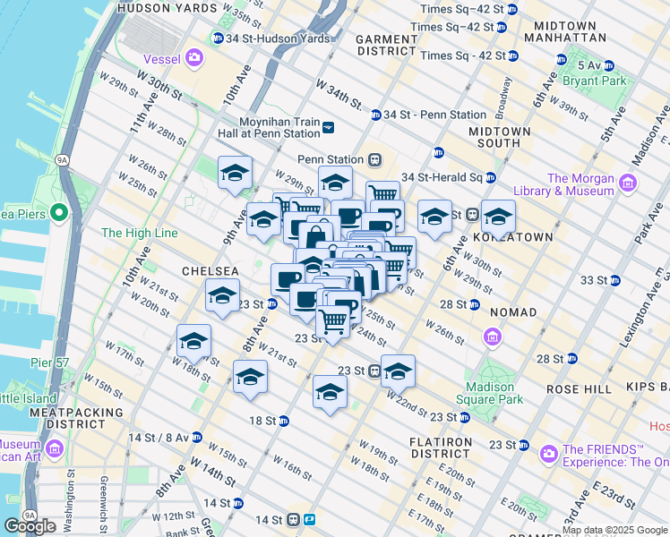 map of restaurants, bars, coffee shops, grocery stores, and more near 220w West 26th Street in New York