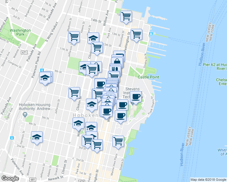 map of restaurants, bars, coffee shops, grocery stores, and more near 799 Washington Street in Hoboken