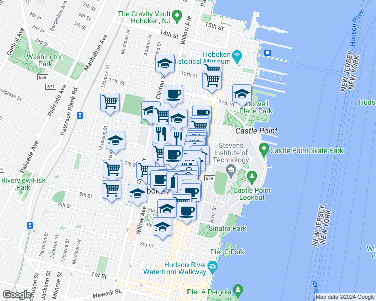 map of restaurants, bars, coffee shops, grocery stores, and more near 157 8th Street in Hoboken