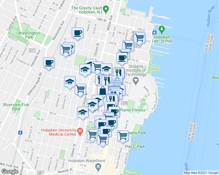 map of restaurants, bars, coffee shops, grocery stores, and more near 157 8th Street in Hoboken