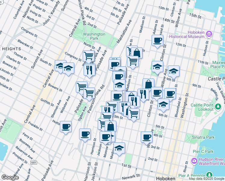 map of restaurants, bars, coffee shops, grocery stores, and more near 622 Monroe Street in Hoboken