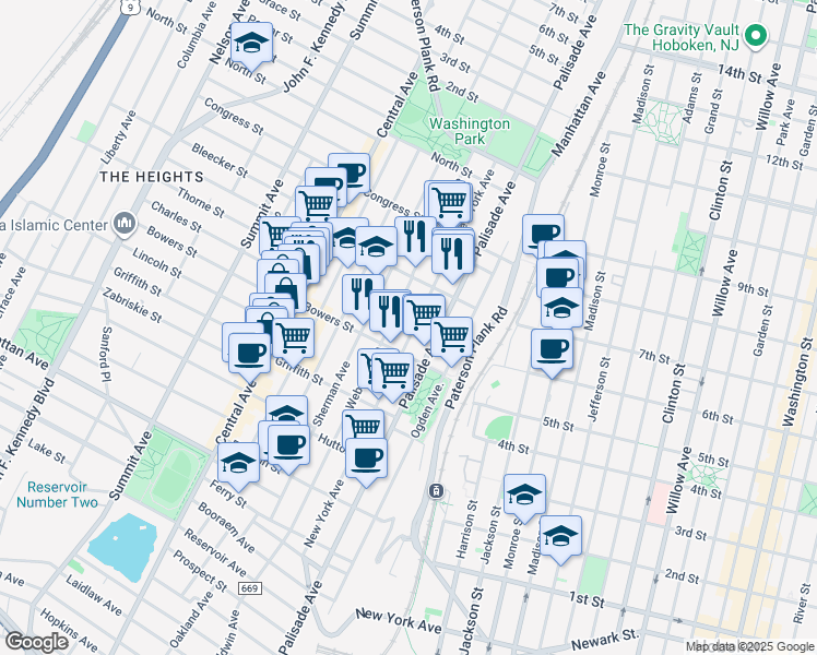 map of restaurants, bars, coffee shops, grocery stores, and more near 52 Bowers Street in Jersey City