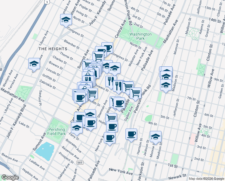 map of restaurants, bars, coffee shops, grocery stores, and more near 156 Sherman Avenue in Jersey City