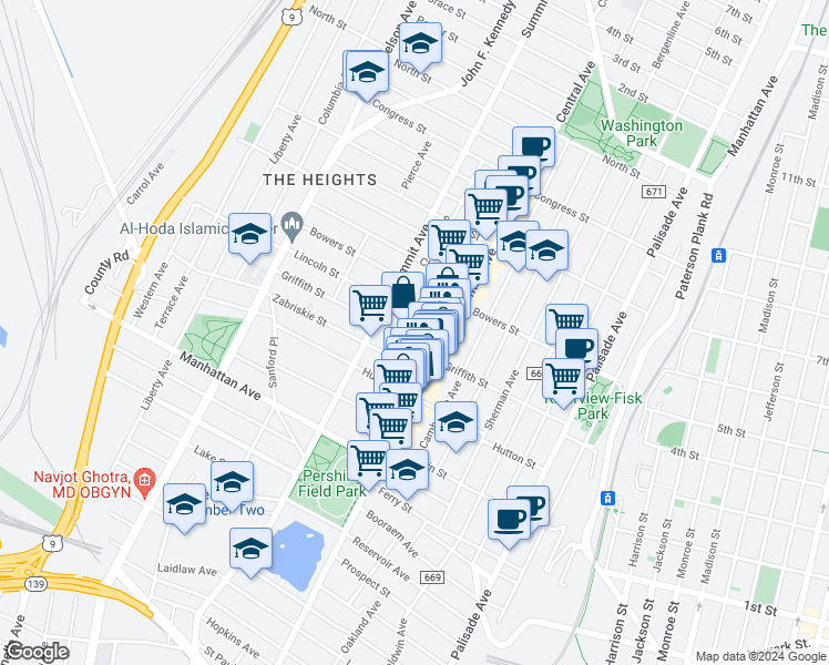 map of restaurants, bars, coffee shops, grocery stores, and more near 22 Zabriskie Street in Jersey City