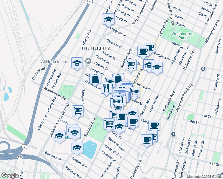 map of restaurants, bars, coffee shops, grocery stores, and more near 47 Zabriskie Street in Jersey City