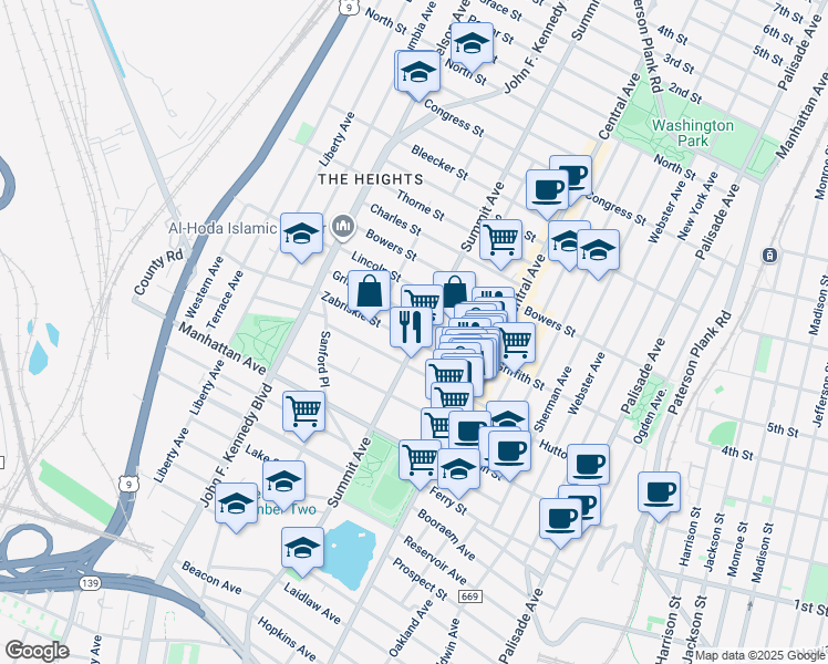 map of restaurants, bars, coffee shops, grocery stores, and more near 47 Zabriskie Street in Jersey City