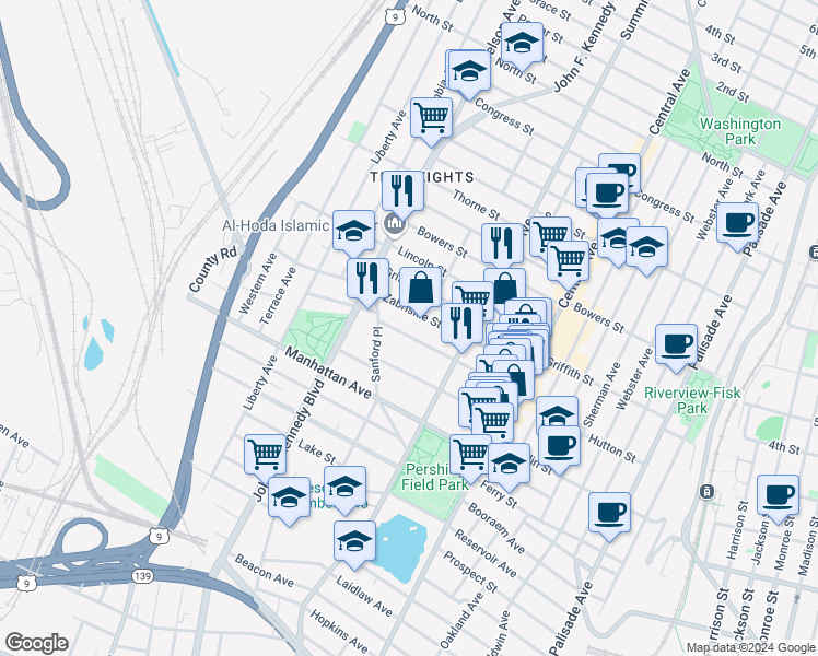 map of restaurants, bars, coffee shops, grocery stores, and more near 102 Sherman Place in Jersey City