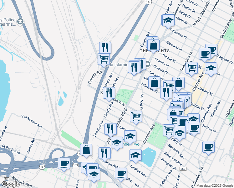 map of restaurants, bars, coffee shops, grocery stores, and more near 260 County Road 647 in Jersey City