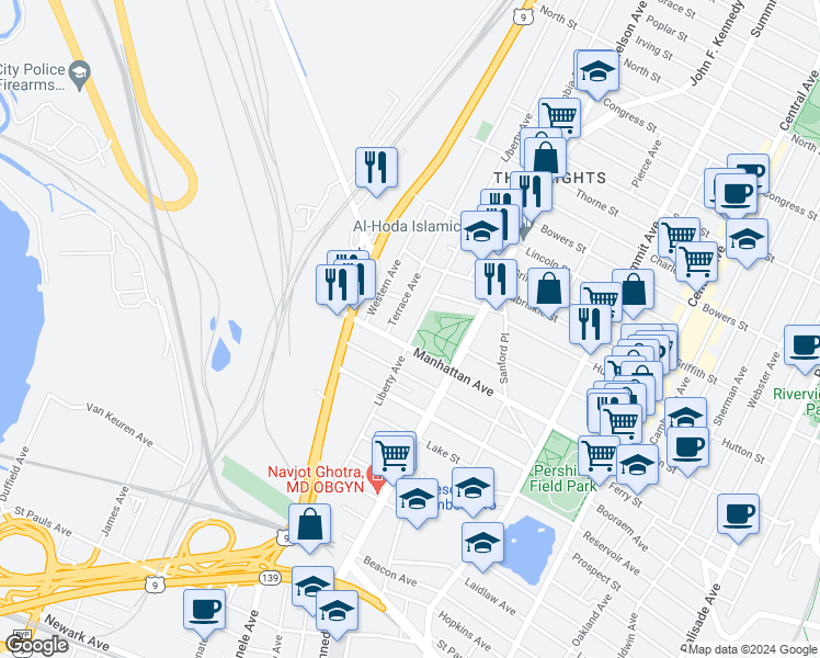 map of restaurants, bars, coffee shops, grocery stores, and more near 260 County Road 647 in Jersey City