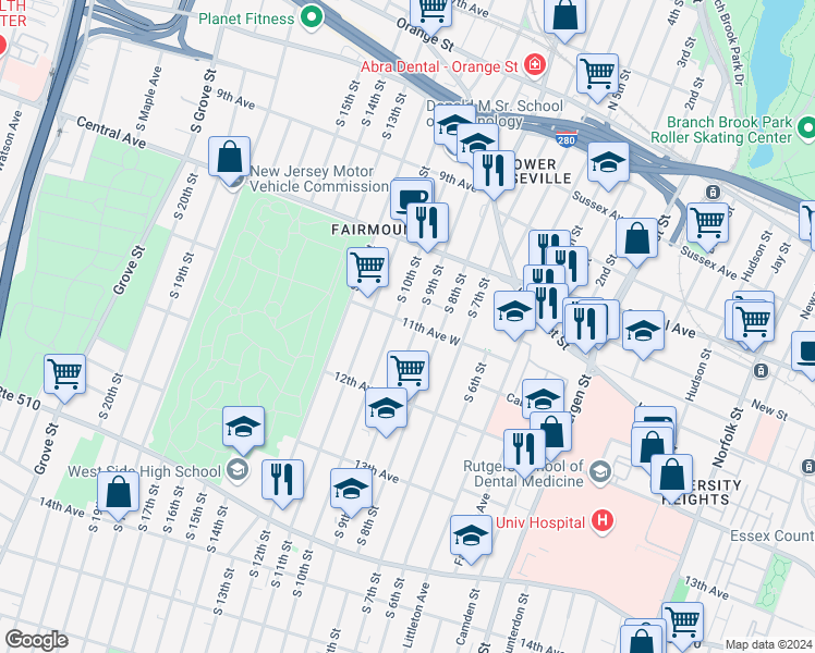 map of restaurants, bars, coffee shops, grocery stores, and more near 196 South 10th Street in Newark