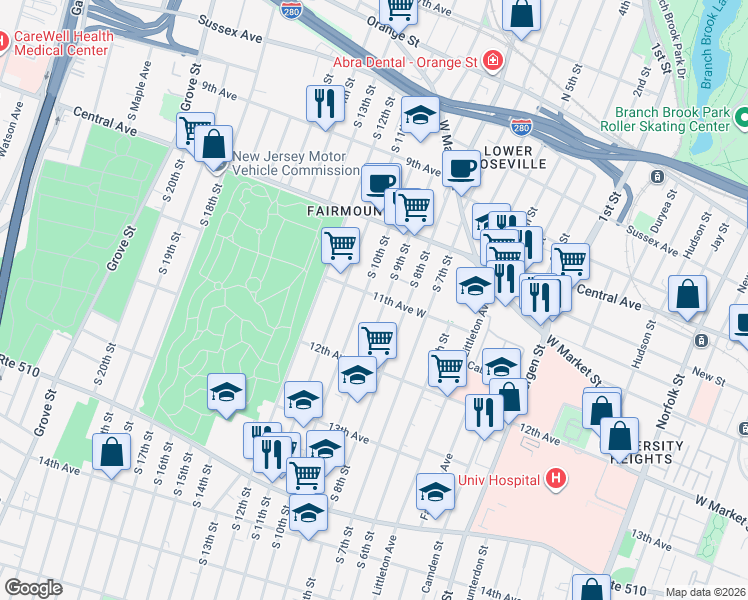 map of restaurants, bars, coffee shops, grocery stores, and more near 196 South 10th Street in Newark
