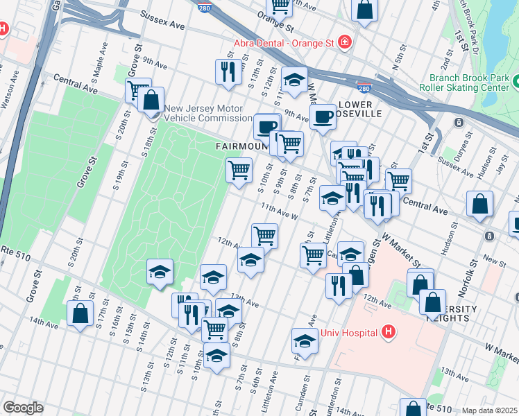 map of restaurants, bars, coffee shops, grocery stores, and more near 196 South 10th Street in Newark