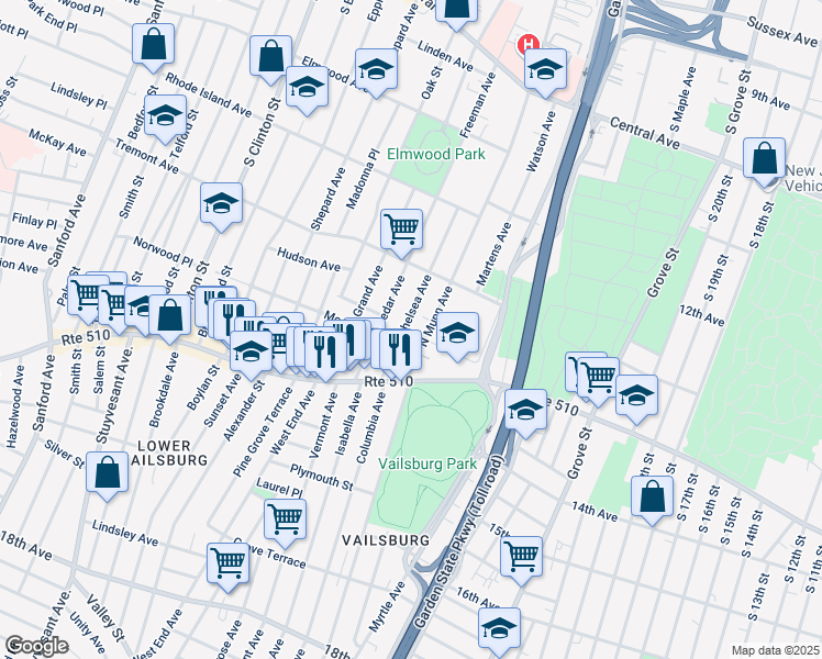 map of restaurants, bars, coffee shops, grocery stores, and more near 27 Chelsea Avenue in Newark