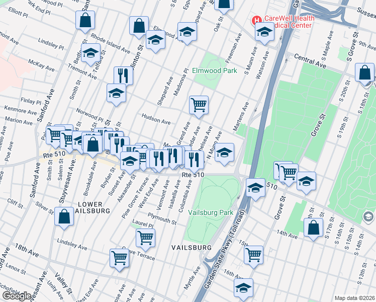 map of restaurants, bars, coffee shops, grocery stores, and more near 27 Chelsea Avenue in Newark