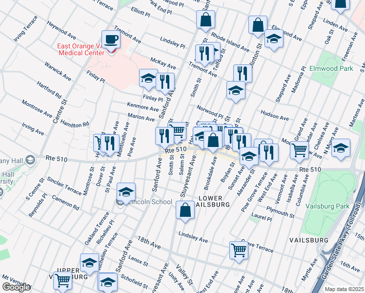 map of restaurants, bars, coffee shops, grocery stores, and more near 174 Smith Street in Newark