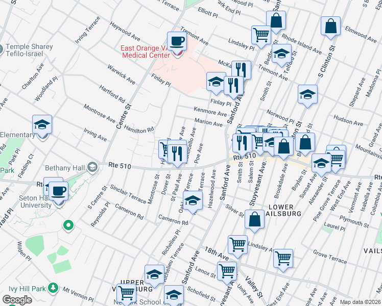 map of restaurants, bars, coffee shops, grocery stores, and more near 1111 South Orange Avenue in Newark