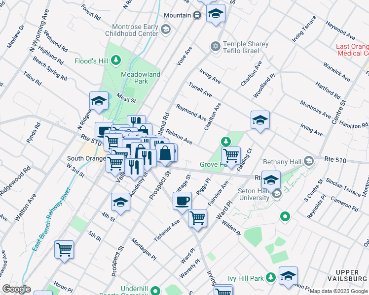 map of restaurants, bars, coffee shops, grocery stores, and more near in South Orange