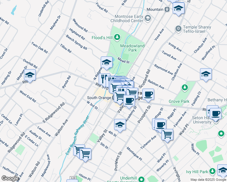 map of restaurants, bars, coffee shops, grocery stores, and more near 6 Sloan Street in South Orange Village