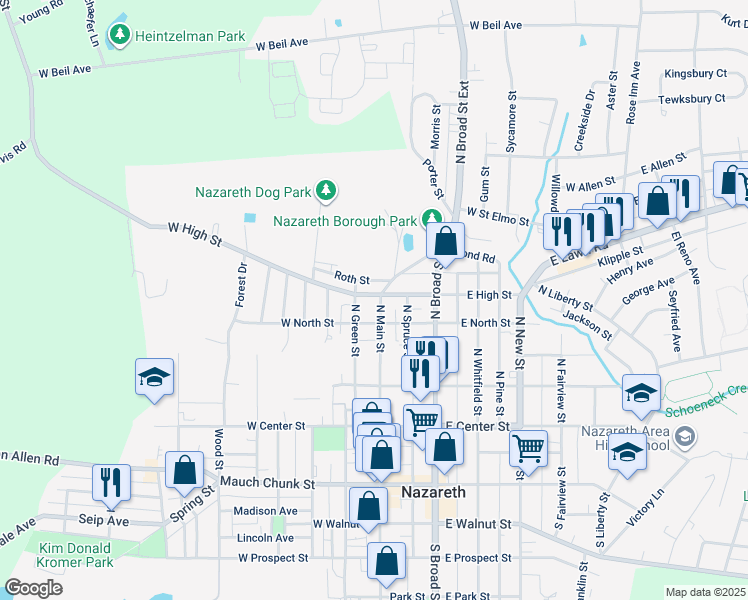 map of restaurants, bars, coffee shops, grocery stores, and more near 201 North Main Street in Nazareth