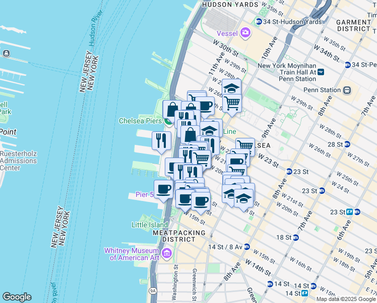 map of restaurants, bars, coffee shops, grocery stores, and more near 521 West 19th Street in New York