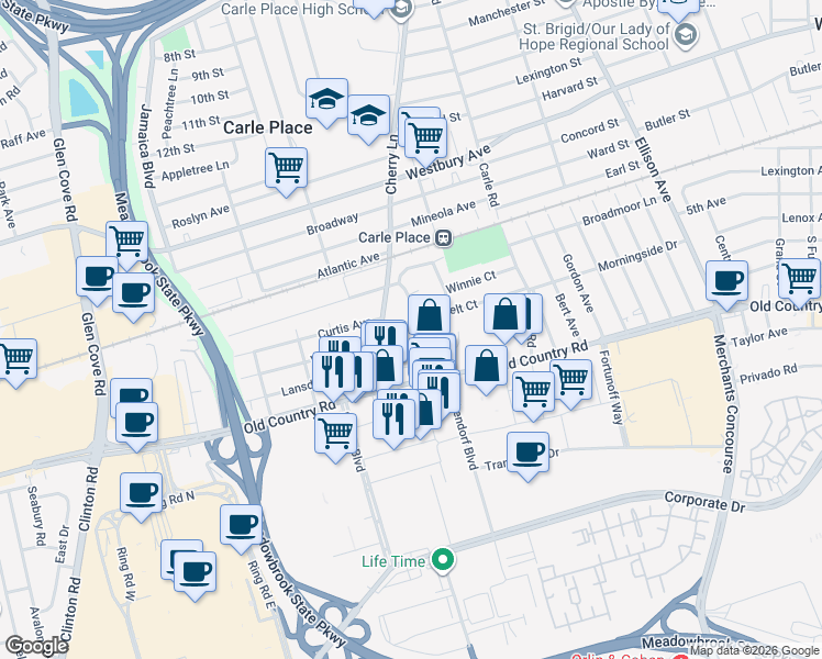 map of restaurants, bars, coffee shops, grocery stores, and more near 103 Roosevelt Court in Carle Place