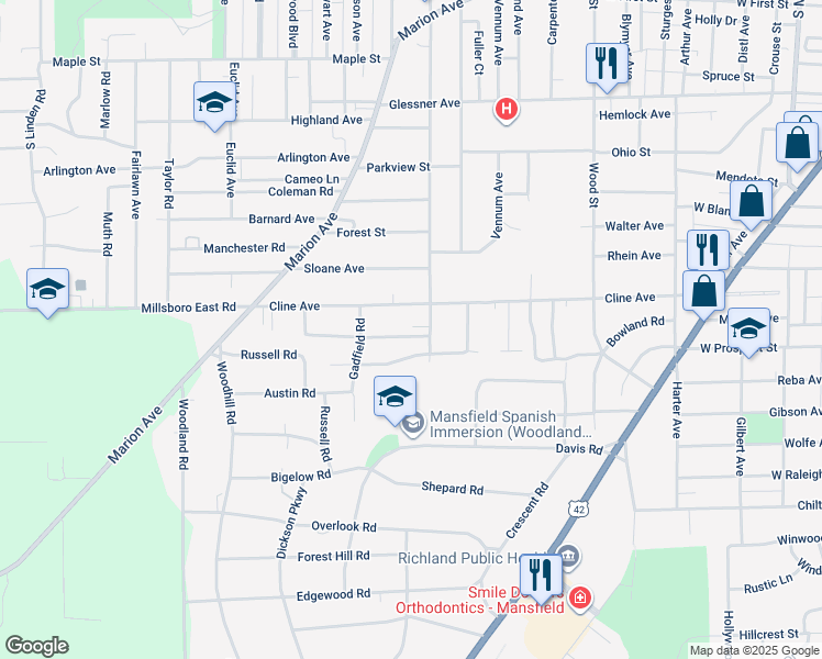 map of restaurants, bars, coffee shops, grocery stores, and more near 456 Broadview Avenue in Mansfield