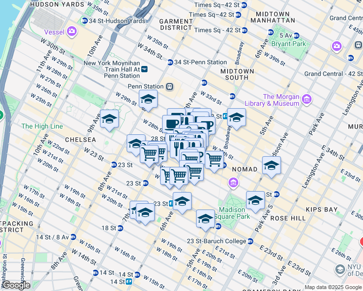 map of restaurants, bars, coffee shops, grocery stores, and more near 121 West 27th Street in New York