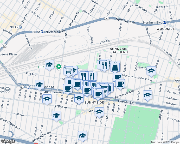 map of restaurants, bars, coffee shops, grocery stores, and more near 41-26 44th Street in Queens