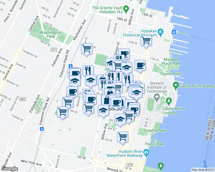 map of restaurants, bars, coffee shops, grocery stores, and more near 700 Willow Avenue in Hoboken