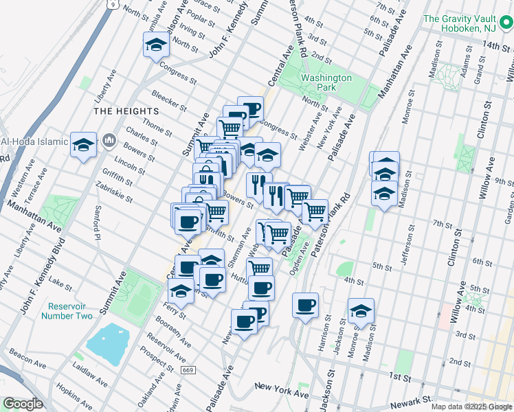 map of restaurants, bars, coffee shops, grocery stores, and more near 156 Sherman Avenue in Jersey City