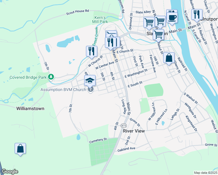 map of restaurants, bars, coffee shops, grocery stores, and more near 501 West South Street in Slatington