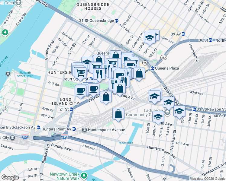 map of restaurants, bars, coffee shops, grocery stores, and more near 5 Court Square West in Queens