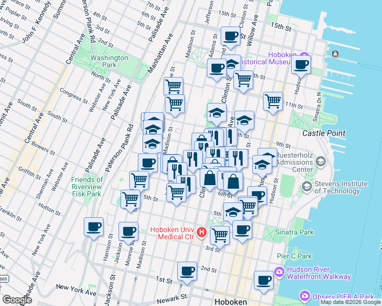 map of restaurants, bars, coffee shops, grocery stores, and more near 701 Grand Street in Hoboken