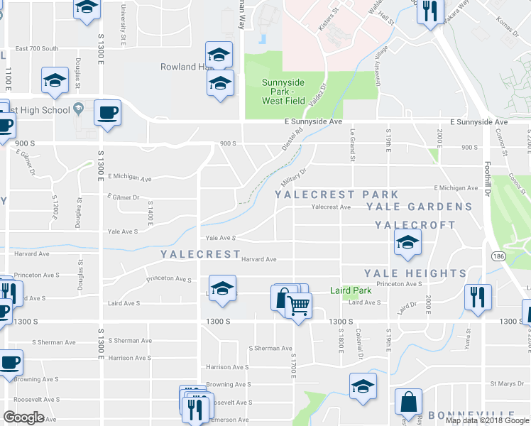 map of restaurants, bars, coffee shops, grocery stores, and more near 1635 Yalecrest Avenue in Salt Lake City