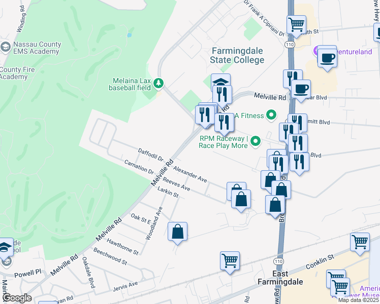 map of restaurants, bars, coffee shops, grocery stores, and more near 1233 Melville Road in Farmingdale