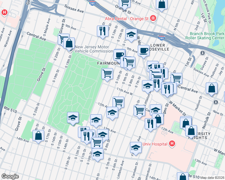 map of restaurants, bars, coffee shops, grocery stores, and more near 196 South 10th Street in Newark