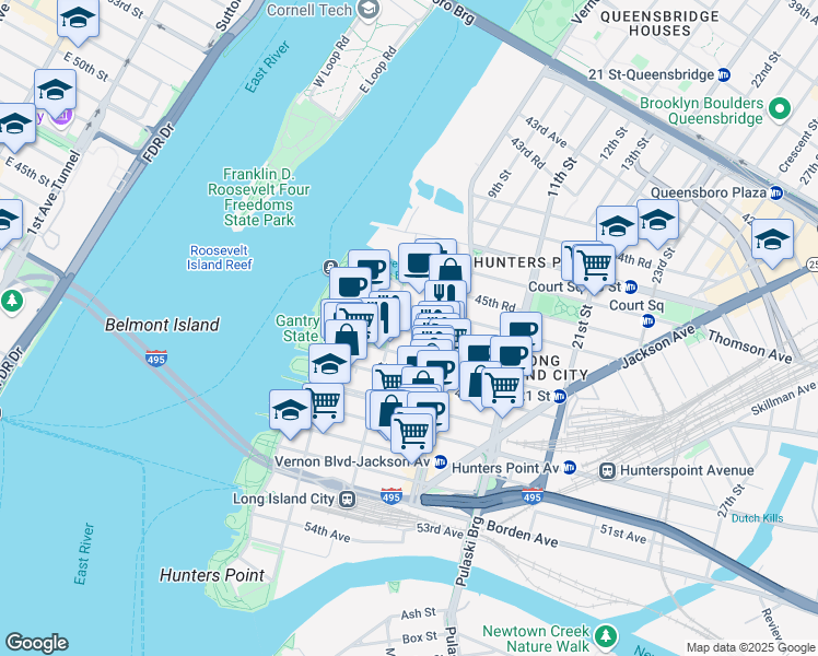 map of restaurants, bars, coffee shops, grocery stores, and more near 5-23 47th Avenue in Queens