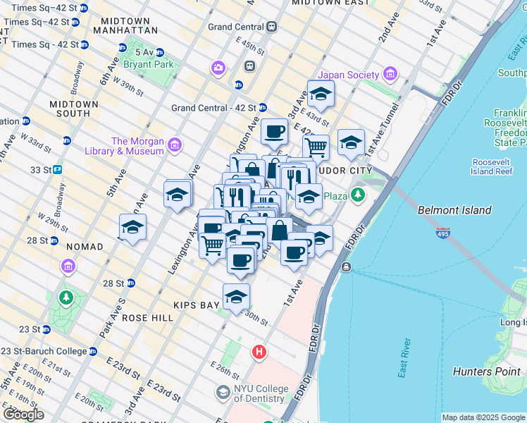 map of restaurants, bars, coffee shops, grocery stores, and more near 649 2nd Avenue in New York