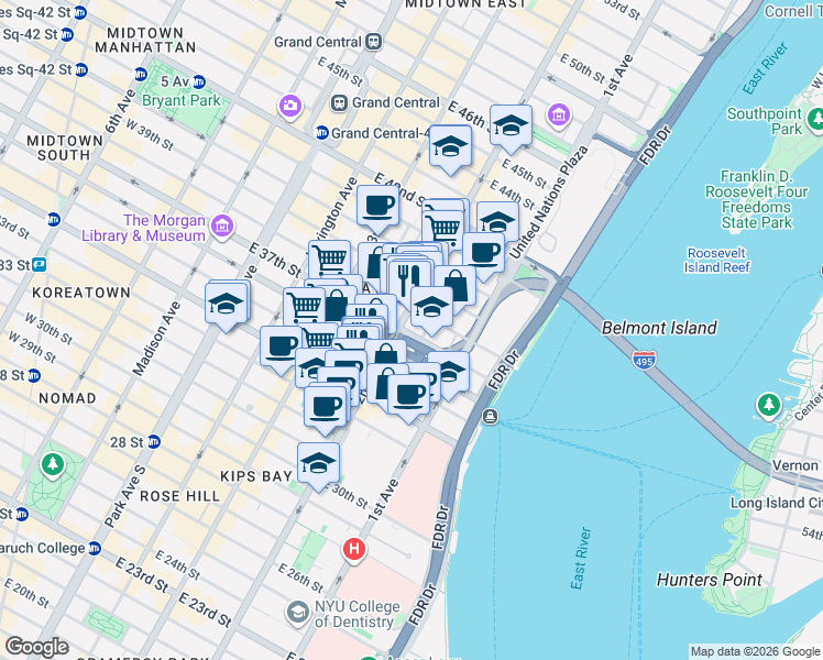 map of restaurants, bars, coffee shops, grocery stores, and more near 303 East 37th Street in New York