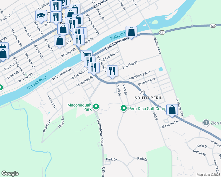 map of restaurants, bars, coffee shops, grocery stores, and more near 19 Park Drive in Peru
