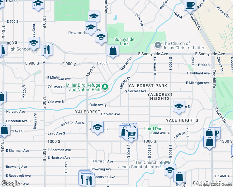 map of restaurants, bars, coffee shops, grocery stores, and more near 1635 Yalecrest Avenue in Salt Lake City