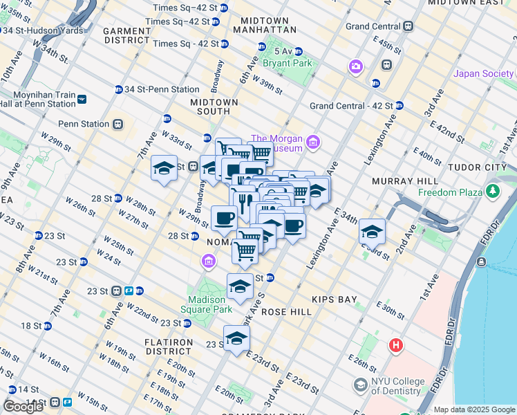 map of restaurants, bars, coffee shops, grocery stores, and more near 147 Madison Avenue in New York