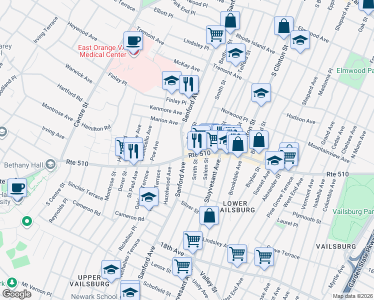 map of restaurants, bars, coffee shops, grocery stores, and more near in Newark