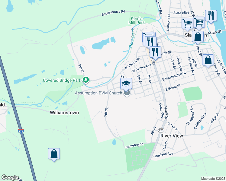 map of restaurants, bars, coffee shops, grocery stores, and more near 697 West Franklin Street in Slatington