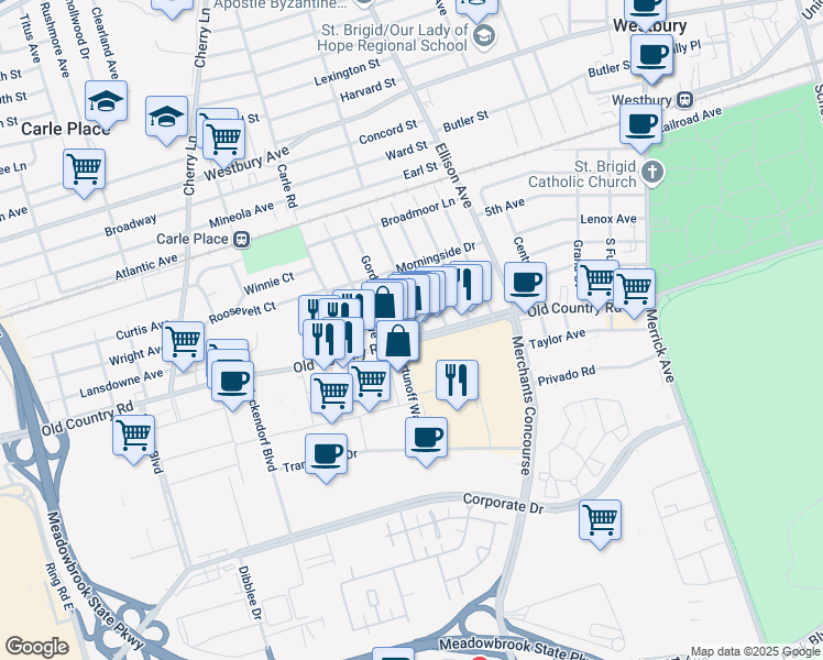 map of restaurants, bars, coffee shops, grocery stores, and more near 449 Old Country Road in Westbury