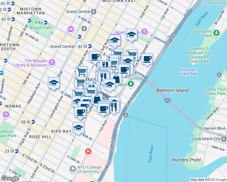 map of restaurants, bars, coffee shops, grocery stores, and more near 330 East 38th Street in New York