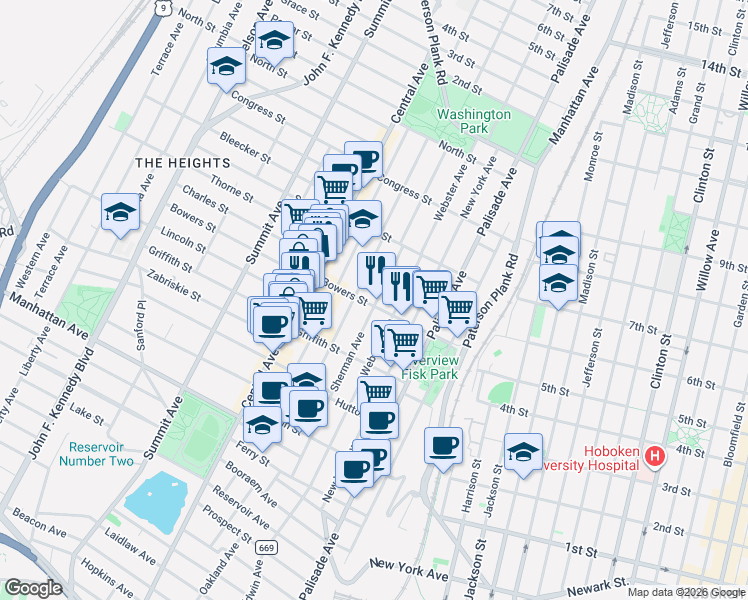 map of restaurants, bars, coffee shops, grocery stores, and more near 154 Sherman Avenue in Jersey City