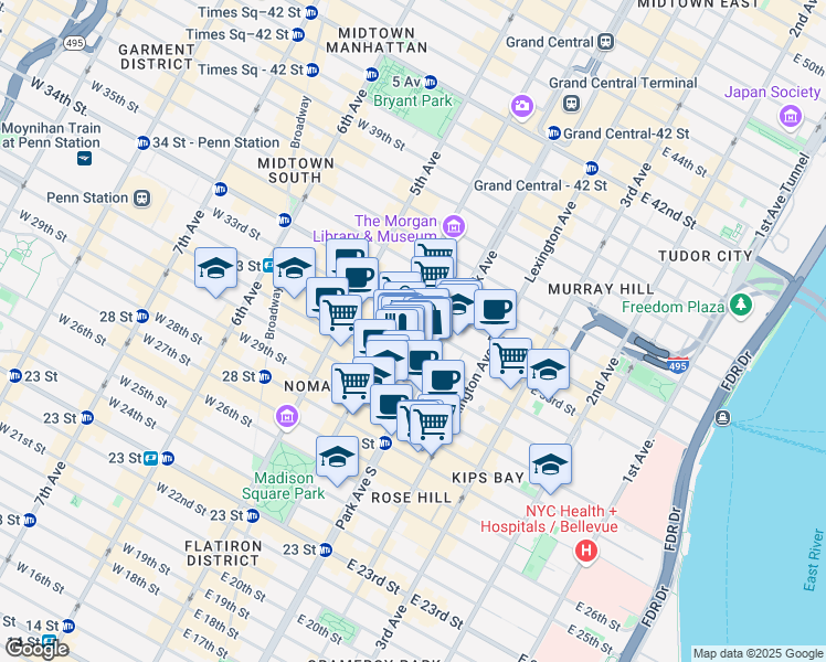 map of restaurants, bars, coffee shops, grocery stores, and more near 30 East 33rd Street in New York